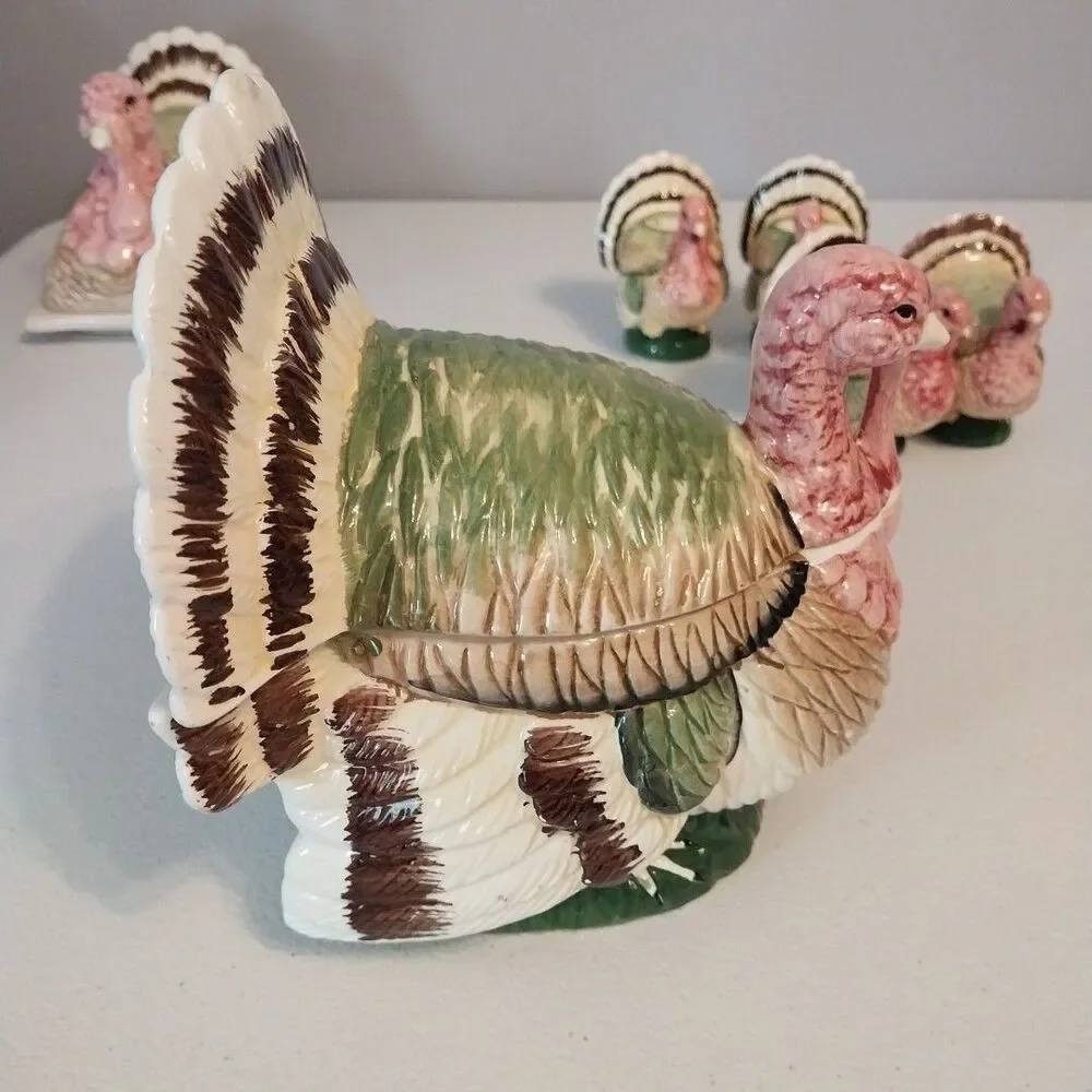 Vintage Brinn's Turkey Ceramic Set Butter Dish Gravy Boat S&P Candleholders